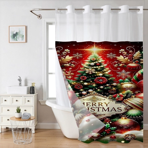 Christmas Shower Curtain Hookless Double Layer Waffle Weave Waterproof Removable Liner Mesh Window Bathroom Decor