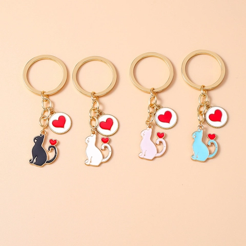 Cartoon Cat Heart Keychain Zinc Alloy Gold Plated Enamel Animal Bag Charm Pendant For Women Girls Gift Valentine Day