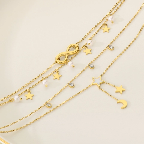 Fußkettchen Edelstahl Gold Unendlichkeit Stern Mond Künstliche Perle Zirkon Mehrlagig Sommer Strand Schmuck Für Damen