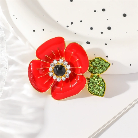 Broche De Flor De Amapola Esmalte Rojo Aleación De Zinc Alfiler Con Cristales Verdes Y Transparentes Corsage Floral Brillante