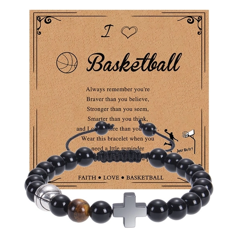 Bracciale Perline Sport Ossidiana Occhio Di Tigre Intrecciato Mano Regolabile Croce Basket Calcio Charm Per Uomini Ragazzi