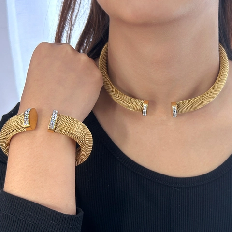 Stainless Steel Mesh Weave Choker Necklace Cuff Bracelet Set With Rhinestone Gold Silver Open Jewelry For Women Party