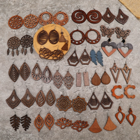 Vintage Wooden Hollow Earrings Geometric Boho Dangle Drop For Women Laser Cut Natural Wood Design