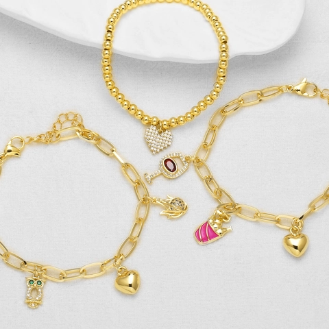 Bracelet À Breloques En Cuivre Plaqué Or Pendentifs Coeur Avion Hibou Verre À Vin Zircone Inlay Bijoux Réglables Pour Femmes