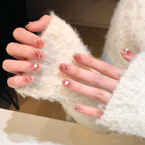 Press On Nails Pink Blush Gradient Short Square Fake Nails With 3D Heart Artificial Pearl Rhinestone Elegant Sweet For Women