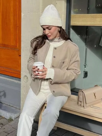 Women French Chic Short Jacket Round Neck Metal Button Woolen Coat Elegant Long Sleeve Outerwear With Pockets