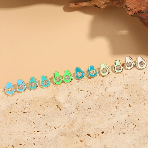 French Vintage Avocado Shape Stud Earrings Colorful Enamel Copper Zirconia Inlaid Fruit Design Fashion Jewelry For Women