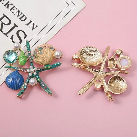 Spilla Stella Marina E Conchiglia Tema Oceano Lega Smalto Strass Colorati Perla Artificial Gioielli Di Moda Per Donna
