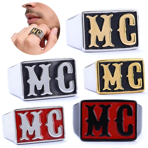Anello Sigillo Con Lettera MC Acciaio Inossidabile Vintage Biker Moto Stile Punk Gioielli Per Uomo Viso Rettangolare