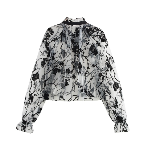 Damen Transparente Netzbluse Mit Beflocktem Blumenmuster Schluppenkragen Rüschen Stehkragen Sexy Elegante Oberteile
