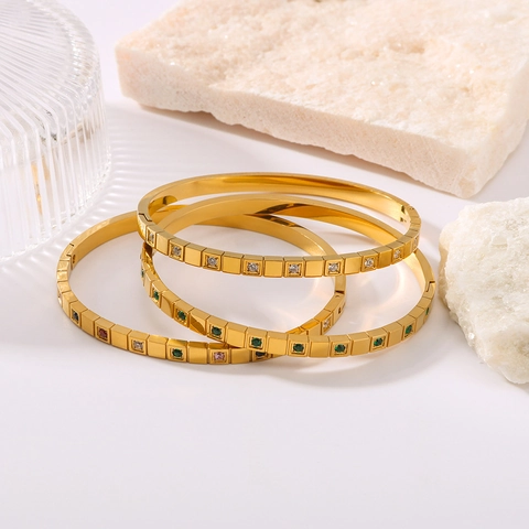Square Lattice Bangle Bracelet 18K Gold Plated Stainless Steel With Colorful Zircon Geometric Jewelry For Women