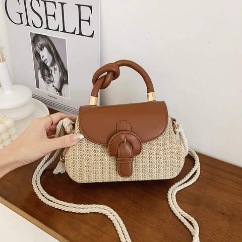 Damen Strohgewebte Schultertasche Patchwork PU Leder Knotengriff Umhängetasche Handtasche Sommer Strandurlaub Lässig