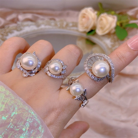 Elegante Anello Con Perla Artificial Di Imitazione Grande Per Donna Lusso Leggero Floreale Spirale Zircone Intarsiato Gioielli Regalo