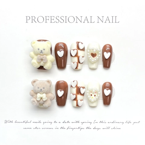 Handmade Press On Nails 3D Flocked Bear Artificial Pearl Heart Checkerboard Brown White Sweet Square Fake Nails For Women