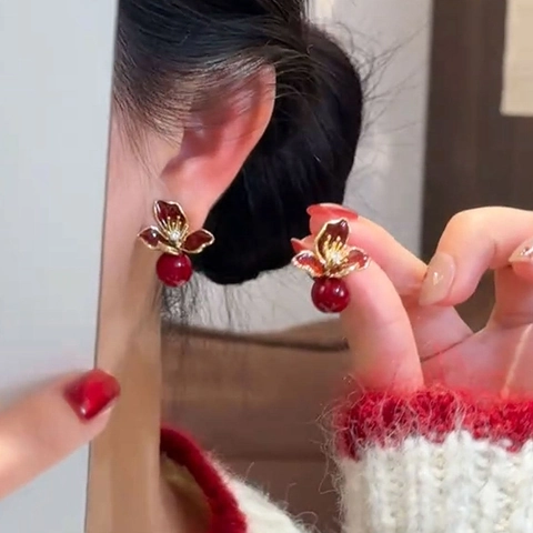 Pendientes De Flores Vintage Pétalos De Esmalte Con Poste De Plata Perla Artificial De Imitación Circonita Joyería Elegante Mujer