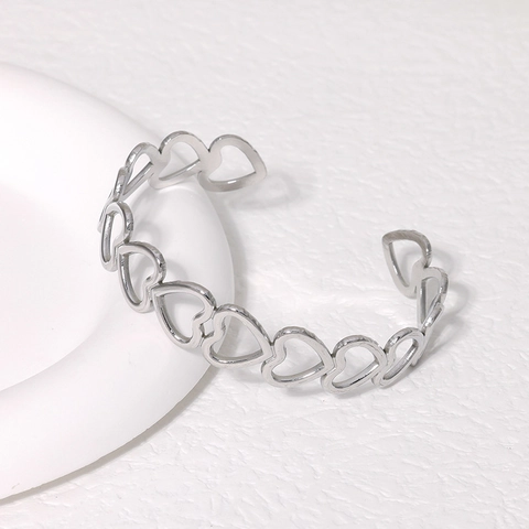 Heart Hollow Open Bangle Stainless Steel Adjustable Minimalist Sweet Style Jewelry Women
