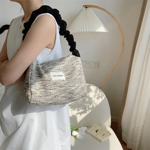 Borsa Sottoascellare Da Donna In Tessuto Vintage Tracolla Plissettata Ricamo Farfalla Tela A Spalla