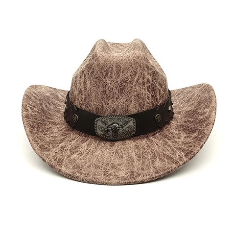 Western Cowboy Hat Vintage Cracked Faux Leather With Bull Head Buckle Star Rivets Retro Jazz Fedora For Outdoor Travel