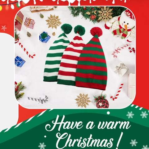 Cappello di Maglia di Natale Babbo Natale Elfo Beanie Acrilico a Righe Con Pompon per Adulti Bambini Festa Festiva