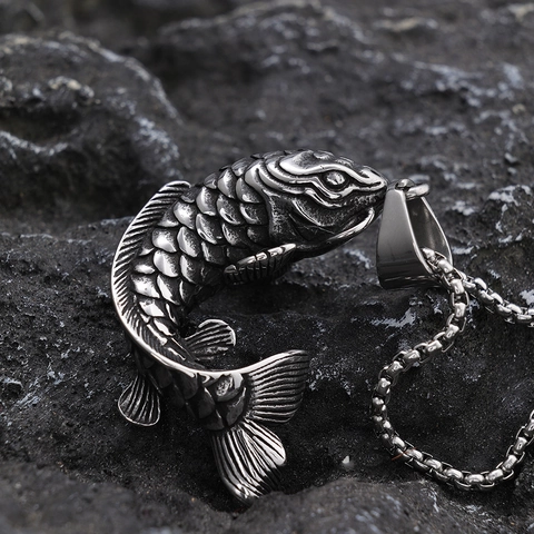 Vintage Stainless Steel Koi Fish Pendant Necklace Men Women Lucky Carp Animal Hip Hop Punk Retro Silver Color Jewelry
