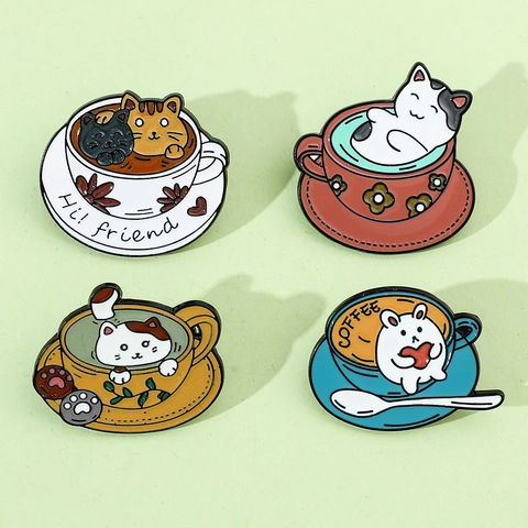 Broche En Émail Créative Chat Café Tasse Mignonne Épingle Revers Animal Lapin Bijoux Alliage Émail Cadeau