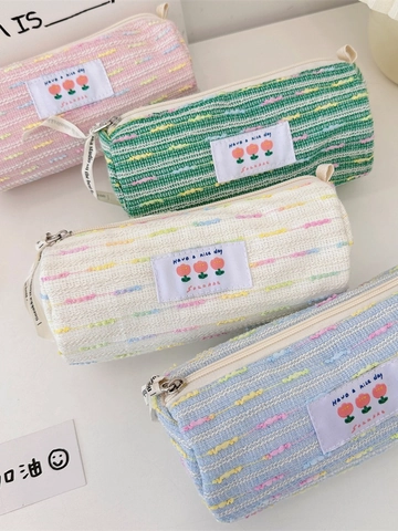 Ins Style Large Capacity Woven Pencil Case With Tulip Patch Cylinder Makeup Bag Cosmetic Organizer Pouch For School Women
