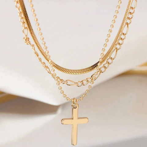 Collana A Strati Di Moda Lega Colore Oro Catena Serpente Figaro Perline Ciondolo Croce Gioielli Per Donna
