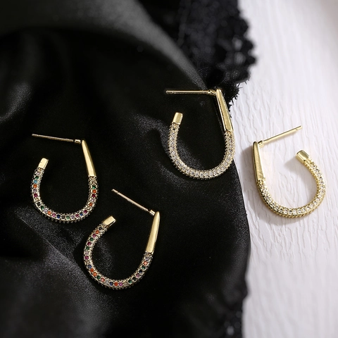 Minimalistische U Vorm Hoop Oorbellen Verguld Koper Met Kleurrijke Zirkonia Geometrische Trendy Sieraden Vrouwen