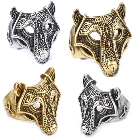 Anello Testa Di Lupo Vichingo Per Uomini Retro Punk Norreno Nodo Celtico Acciaio Inossidabile 316L Gioielli Biker