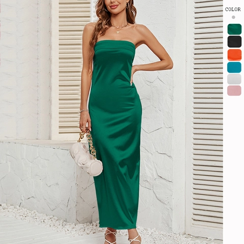 Vestito Lungo In Satine Senza Spalline Da Donna Schiena Scoperta Arricciato Aderente Elegante Tinta Unita Sera Banchetto