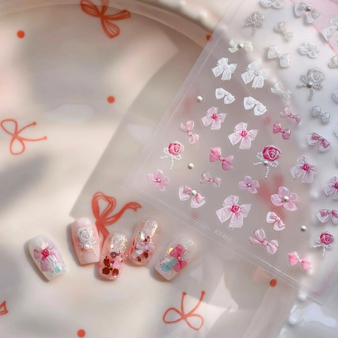 Pegatinas Para Uñas En Relieve 3D Lazo Rosa Flor Perla Artificial Calcomanías Autoadhesivas Para Manicura DIY Estilo Japonés