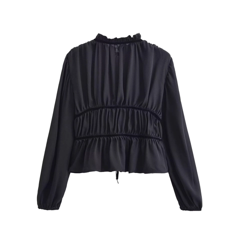 Schwarze Polyester Bluse Rüschen Stehkragen Samt Schleife Elastische Taille Lange Laternenärmel Retro Französisch Top Damen