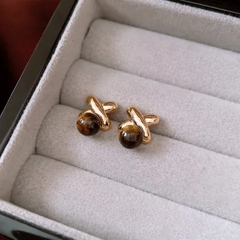 Tigerauge Ohrstecker Mit Silbernem Ohrstecker 18K Vergoldet X-Form Geometrischer Vintage Maillard Stil Schmuck Für Damen