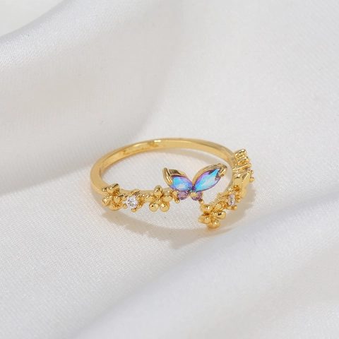 Anello Aperto Farfalla Iridescente Ottone Fiore Regolabile Gradiente Gioielli Di Moda Per Donna Zirconia
