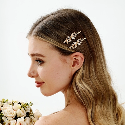 Fermagli Per Capelli In Lega Di Strass A Forma Di Cuore Con Fiori Di Foglia Eleganti Forcina Color Oro Per Donne Festa Quotidiana