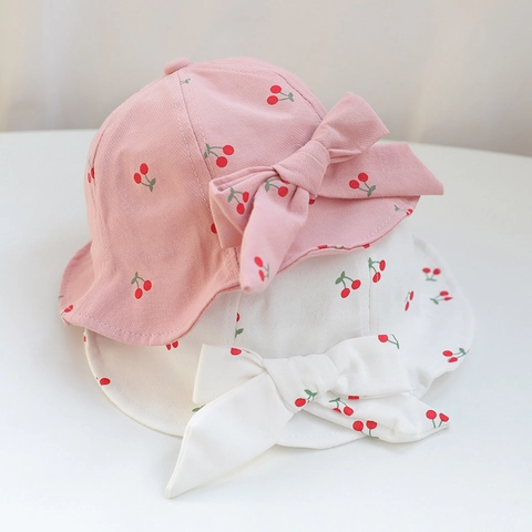 Baby Fisherman Hat Cotton Cherry Print Big Bow Sun Protection Bucket Cap With Chin Strap Infant Toddler Girls Boys