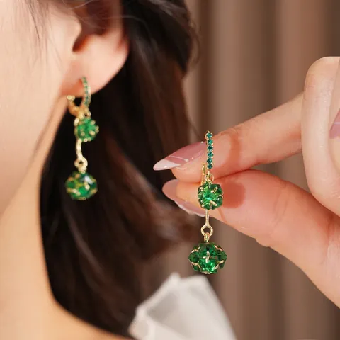 Orecchini Pendenti In Strass Verde Vintage Geometrici Con Doppia Sfera In Rame Tono Oro Gioielli Di Lusso Per Donne