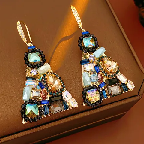 Retro Bohemian Triangle Drop Earrings Copper With Zircon Multi Color Crystal Steel Earring Post Jewelry For Women