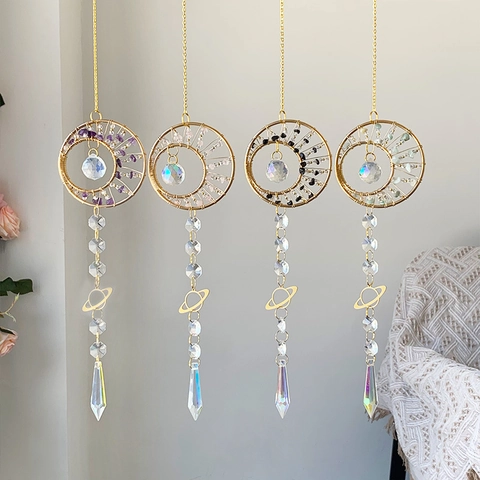 Crystal Sun Catcher Wind Chime Metal Crescent Moon Saturn Charm Prism Ball Window Garden Home Hanging Decoration