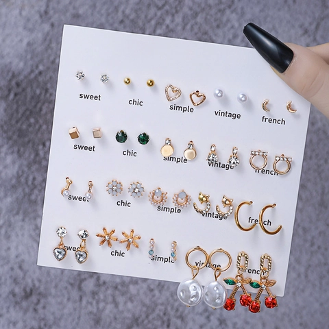 Geometric Stud Earrings Alloy Rhinestone Faux Artificial Pearl Resin Earring Post Vintage French Heart Cherry For Women Girls