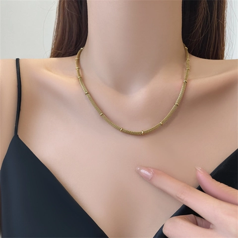 Roestvrijstalen Geweven Mesh Ketting Goud Vergulde Ronde Kralen Minimalistisch Elegant Sieraden Voor Dames