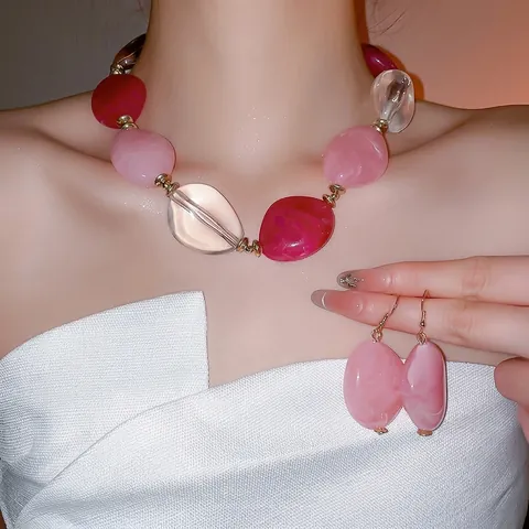 Collana Bracciale Orecchini Perline Acriliche Ciottoli Irregolari Colorato Lega Dorata Gioielli Boho Donne