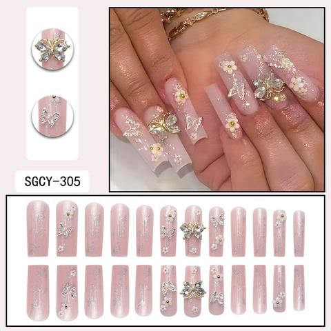 Unghie Finte Extra Lunghe Farfalla E Fiore Glitter Argento Sfumato Rosa Viola Stile Elegante Raffinato