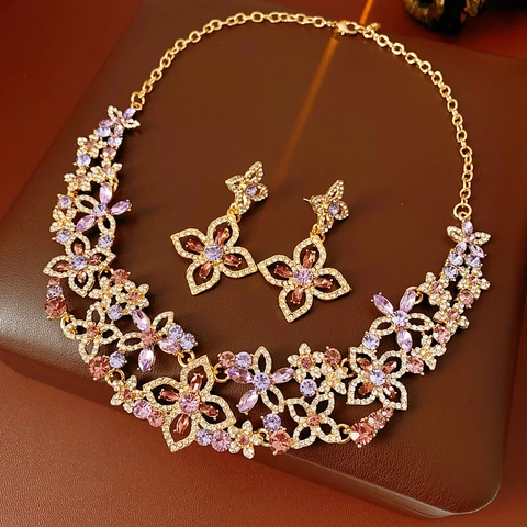 Collana E Orecchini Vintage Da Donna Lega Resina Strass Design Floreale Farfalla Con 925 Sterling Silver Earring Post