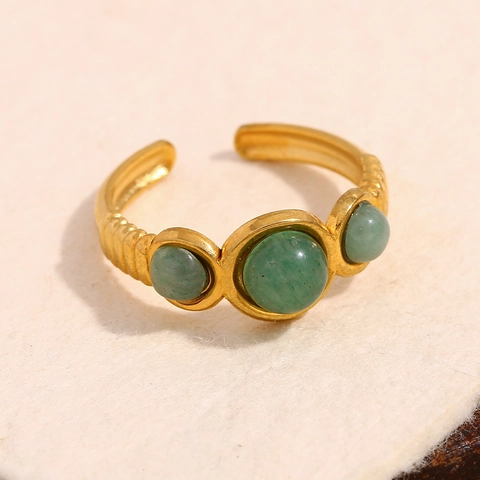 Anello Aperto Pietre Avventurina Acciaio Inossidabile Placcato Oro 18K Retro Regolabile Gioielli Donna