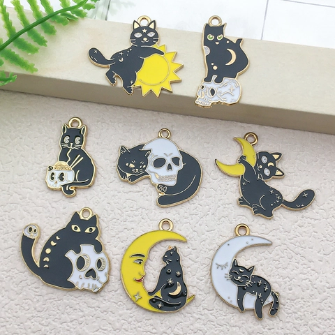 Ciondoli Smalto Gatto Nero Lega Zinco Halloween Gotico Teschio Luna Sole Per Creazione Gioielli DIY Collane Orecchini Artigianali