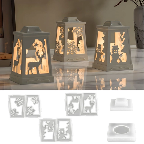 Christmas Lantern Candle Holder Silicone Mold DIY Splicing Hollow Snowflake Deer Snowman Decorative Crafting Tool