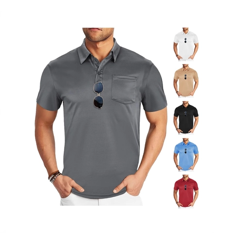 Heren Polo Shirt Korte Mouwen Ademend Mesh Stof Revers Zomer Sport Casual Top Met Zak Effen Kleur