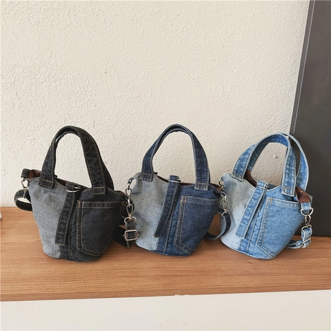 Kids Girls Denim Patchwork Bucket Bag Contrast Color Crossbody Shoulder Handbag With Adjustable Strap Retro Casual
