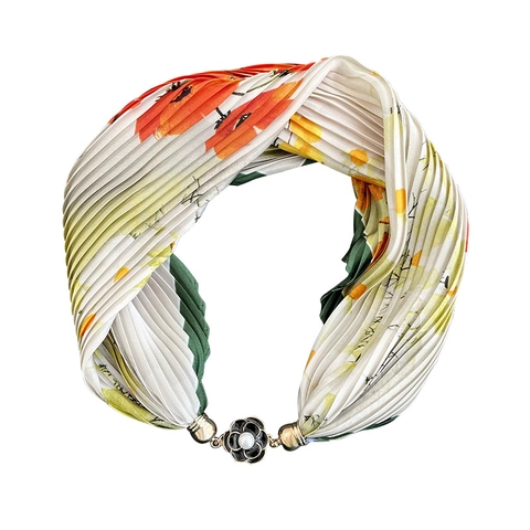Elegante Pañuelo de Cuello de Poliéster Plisado para Mujer Con Hebilla Magnética de Camelia Estampado Leopardo Floral Geométrico